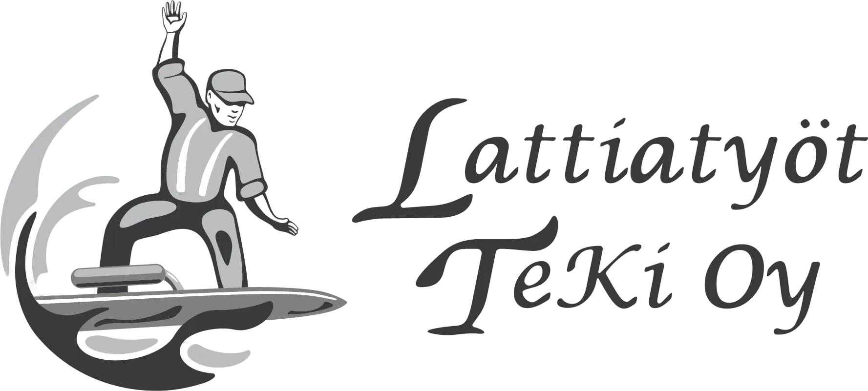 Tyylitelty työmies haalareissa ja lakissa levittää lattianpäällystettä työkalulla.